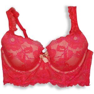 Victoria's Secret 34D Bra Lined Underwire Hot Pink Floral Lace Longline Coquette